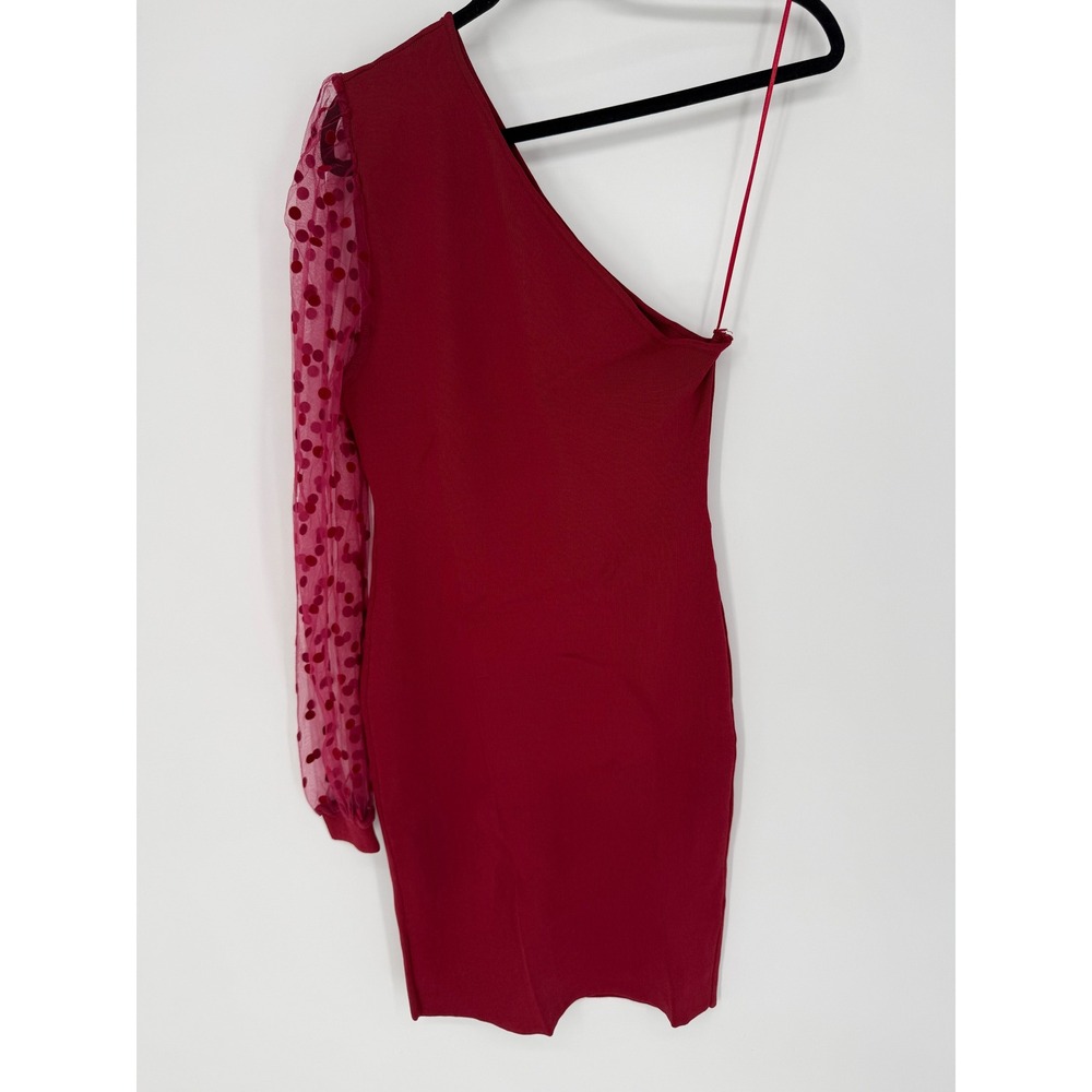 EE:SOME‎ ONE SHOULDER BODYCON DRESS MERLOT RED NWT LARGE MESH POLKA DOT SLEEVE